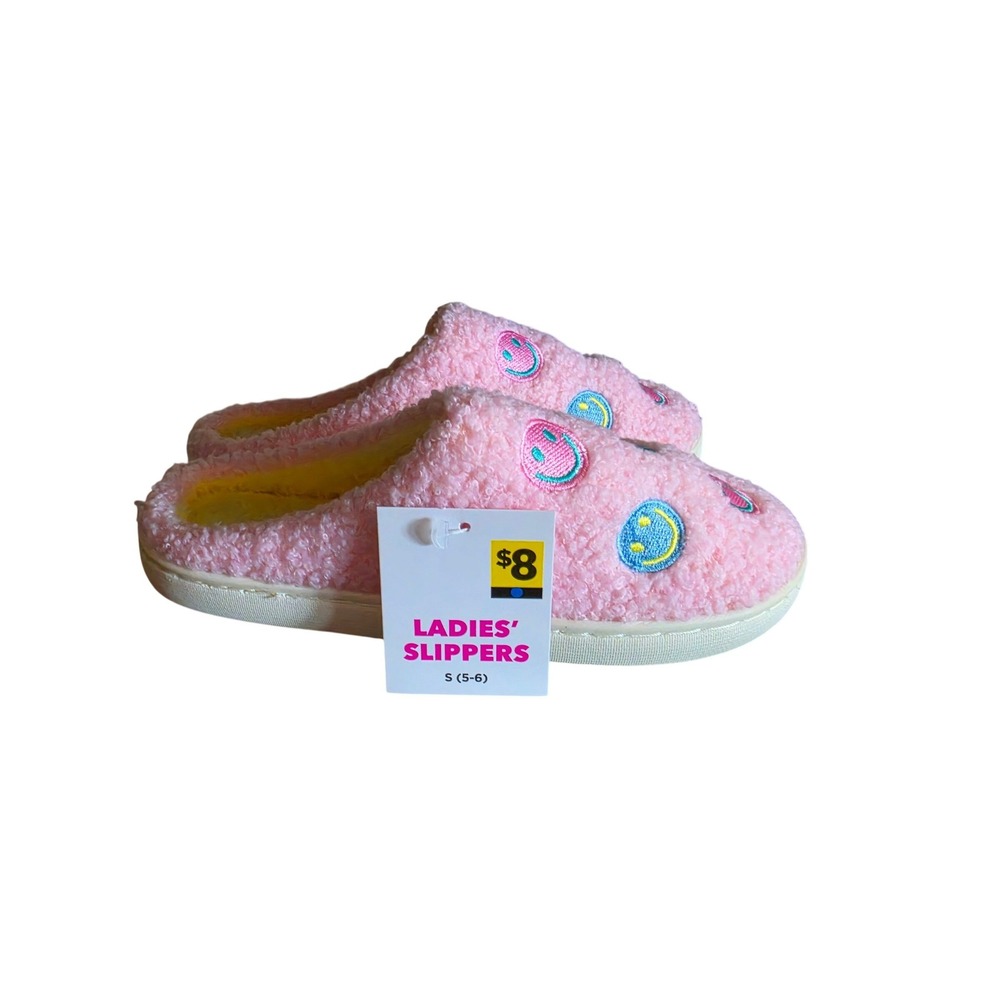 Pink Faux Sherpa Smiley Face Slippers Womens Size S 5-6 Plush House Shoes New